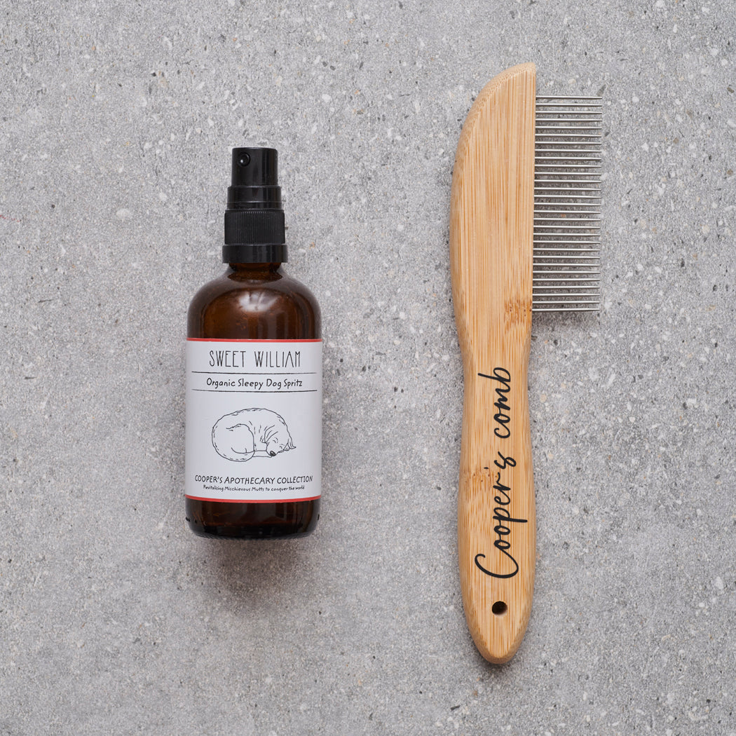 Personalised bamboo dog comb engraved with 'Cooper's comb' alongside Sweet William Organic Sleepy Dog Spritz — dog grooming gift set by Sweet William Designs