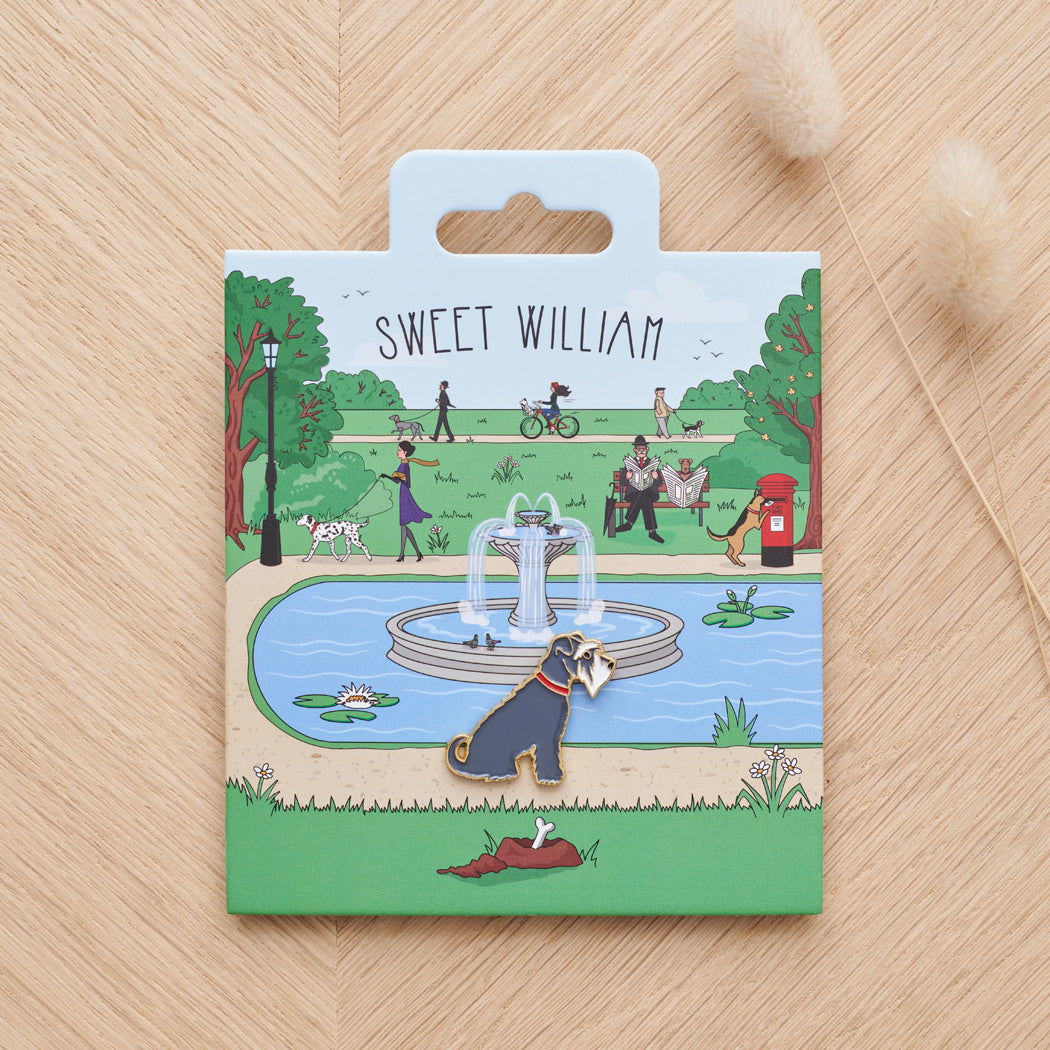 Grey Schnauzer enamel dog pin on Sweet William Designs park scene backing card — thoughtful gift for Grey Schnauzer lovers