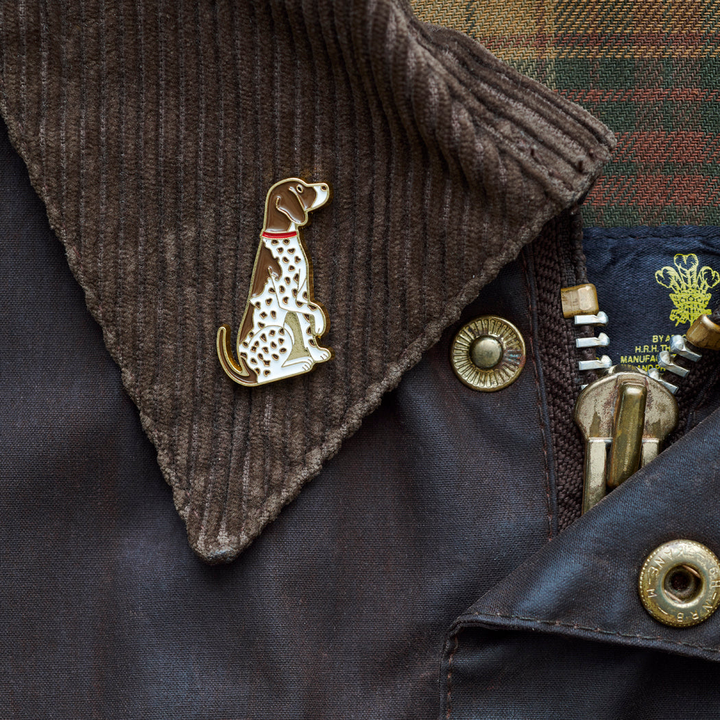 German Shorthaired Pointer enamel pin styled on a corduroy jacket collar — gold-plated dog pin, perfect gift for dog lovers