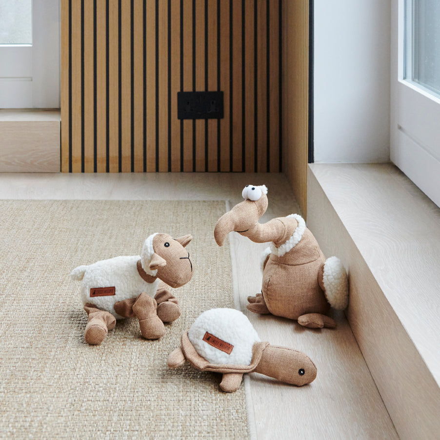 Collection of characterful dog toys featuring Horatio the Turtle, Woolliam the Lamb and Tarquin the Dodo — playful, charming gifts for dogs by Sweet William Designs