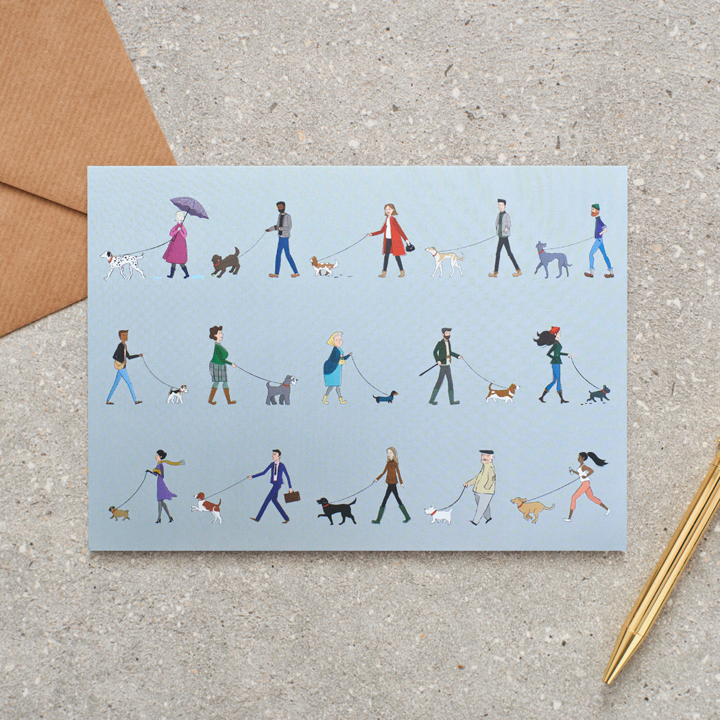 Dog Walkers greeting card — illustrated parade of dog walkers and their dogs, dog lover gift by Sweet William Designs