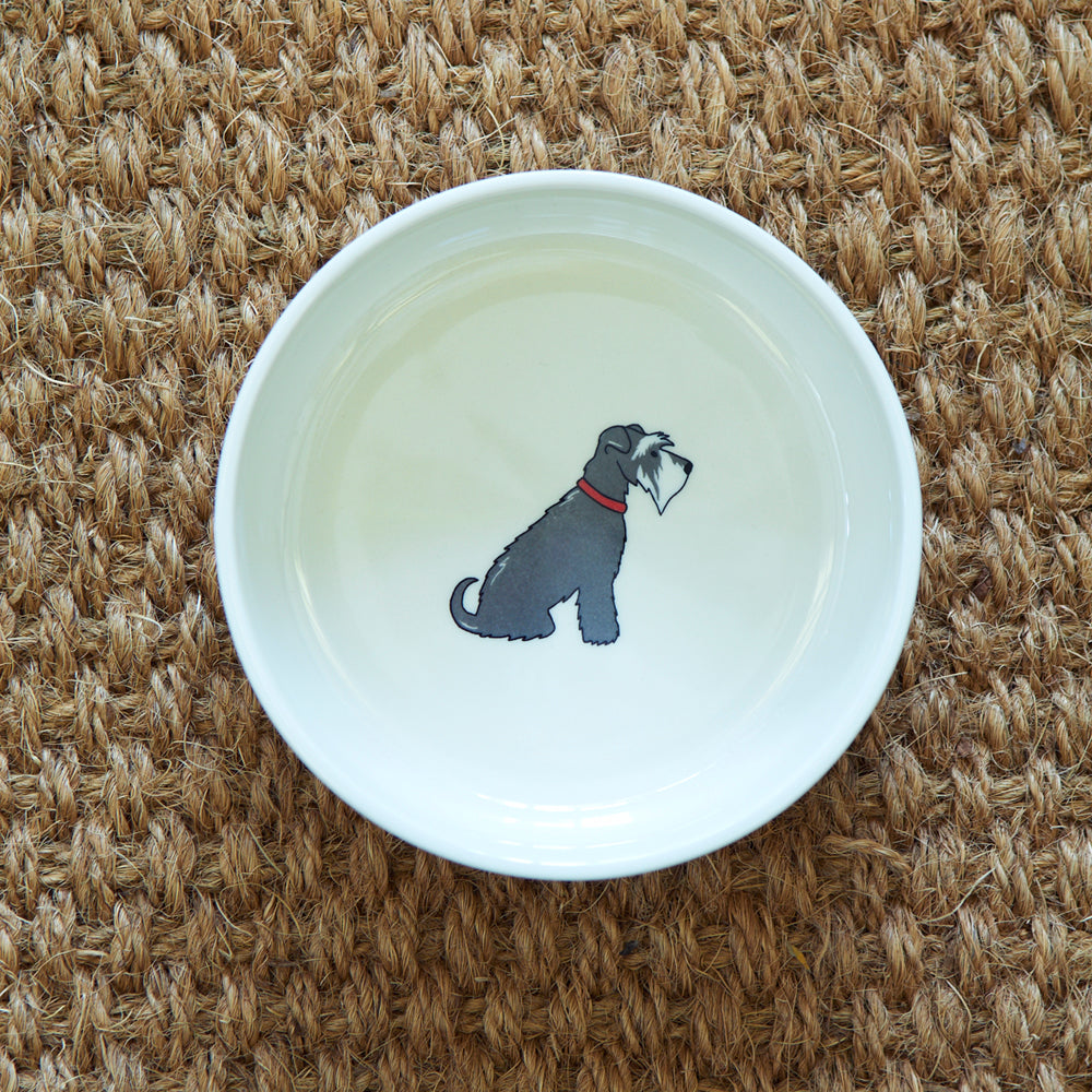 Inside view of Grey & White Schnauzer small dog bowl — single Schnauzer illustration on the interior, ceramic gift for Schnauzer lovers