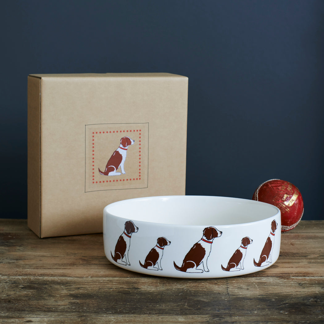 Liver & White Springer Spaniel ceramic dog bowl with kraft gift box — perfect gift for Springer Spaniel lovers by Sweet William Designs