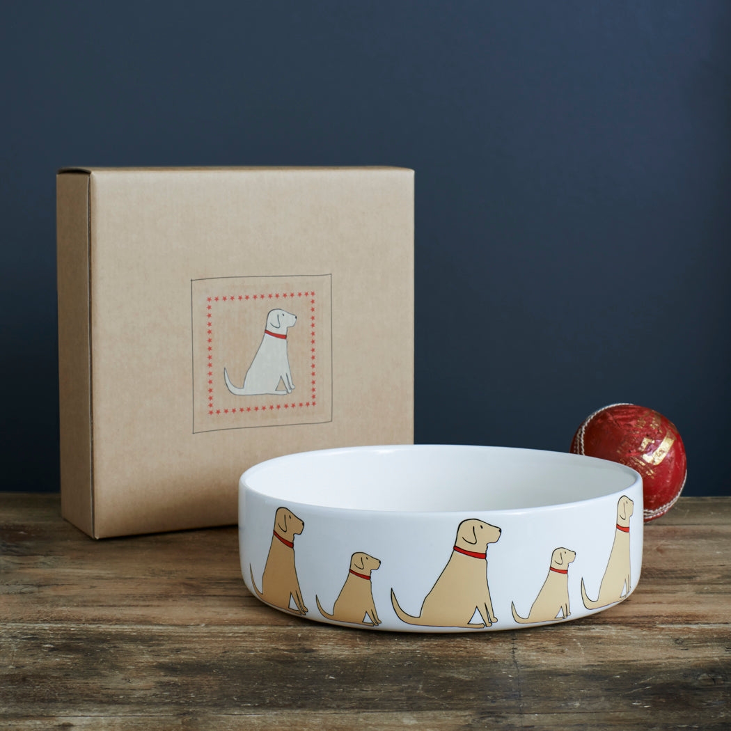 Yellow Labrador ceramic dog bowl with kraft gift box — perfect gift for Yellow Lab lovers by Sweet William Designs