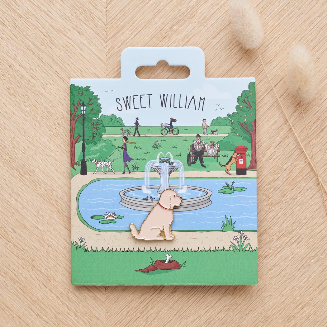 Apricot Cockapoo / Labradoodle enamel dog pin on Sweet William Designs park scene backing card — thoughtful gift for Apricot Cockapoo / Labradoodle lovers