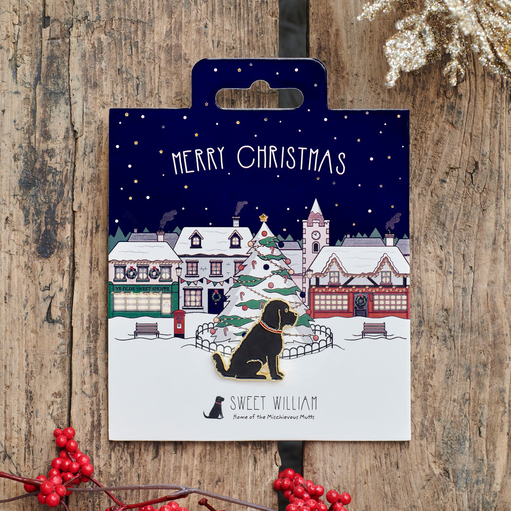 Black Cockapoo / Labradoodle Christmas dog pin on festive village backing card — gold-plated enamel dog lover gift by Sweet William Designs