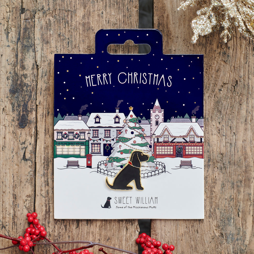 Black Cocker Spaniel Christmas dog pin on festive village backing card — gold-plated enamel dog lover gift by Sweet William Designs