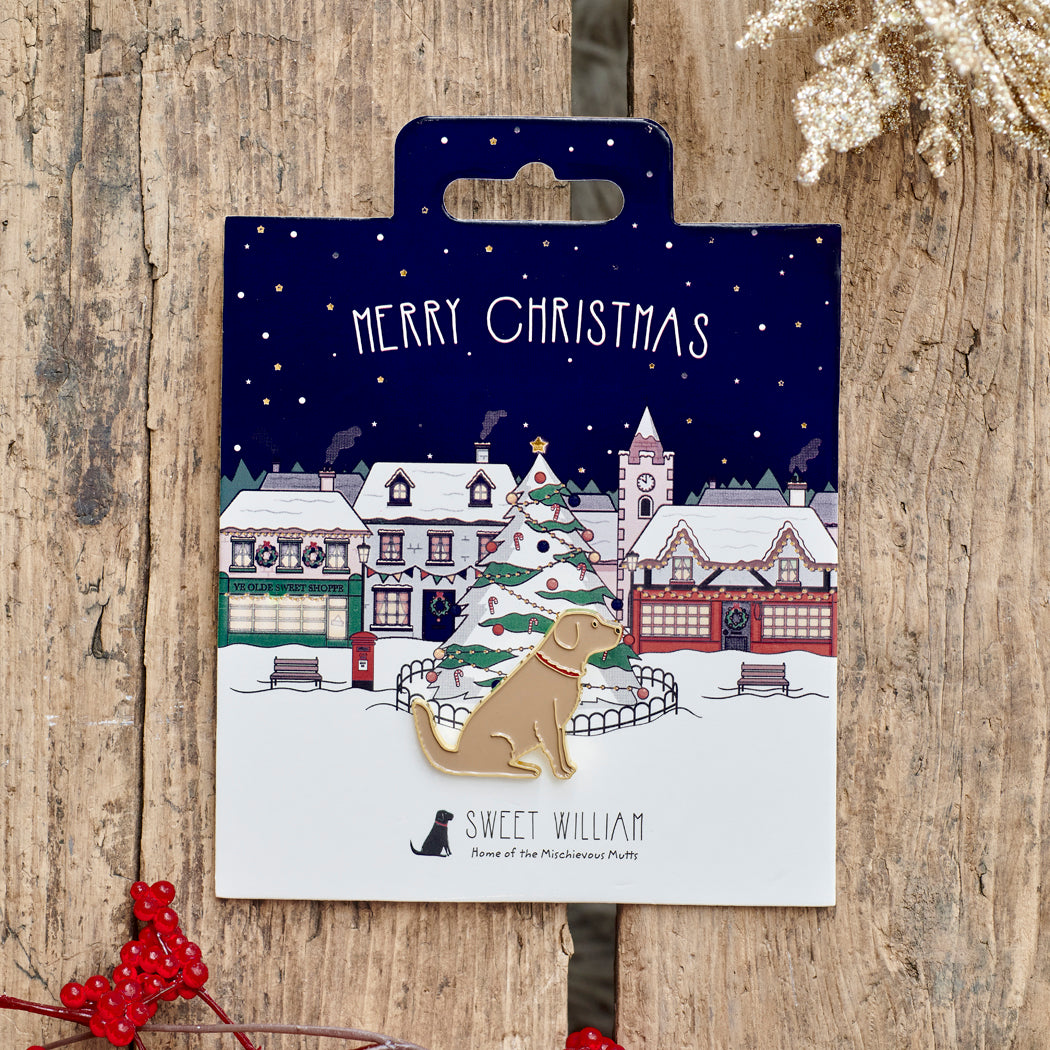 Golden Retriever Christmas dog pin on festive village backing card — gold-plated enamel dog lover gift by Sweet William Designs