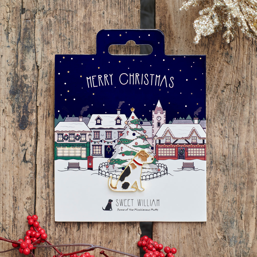 Jack Russell Christmas dog pin on festive village backing card — gold-plated enamel dog lover gift by Sweet William Designs