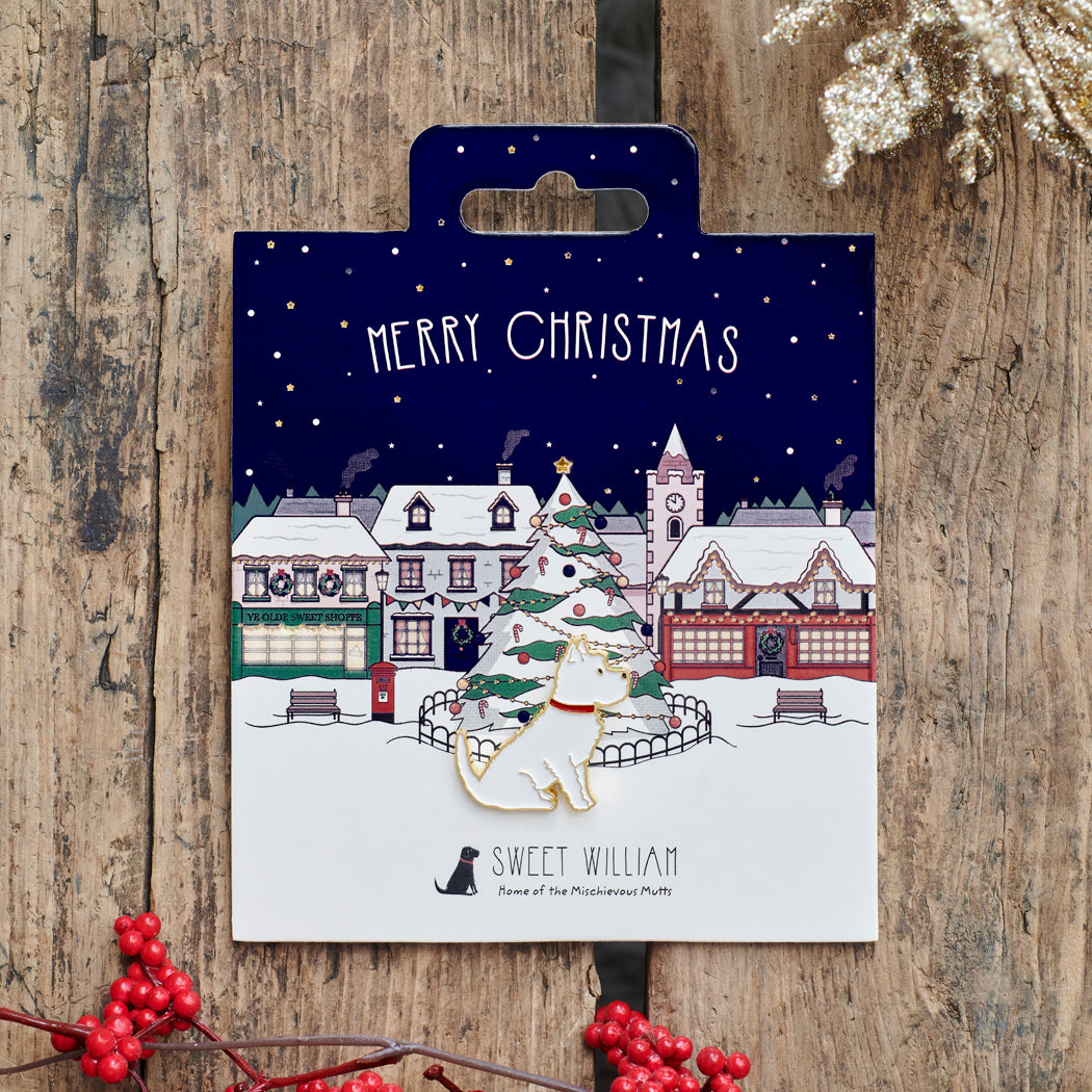 Westie Christmas dog pin on festive village backing card — gold-plated enamel dog lover gift by Sweet William Designs
