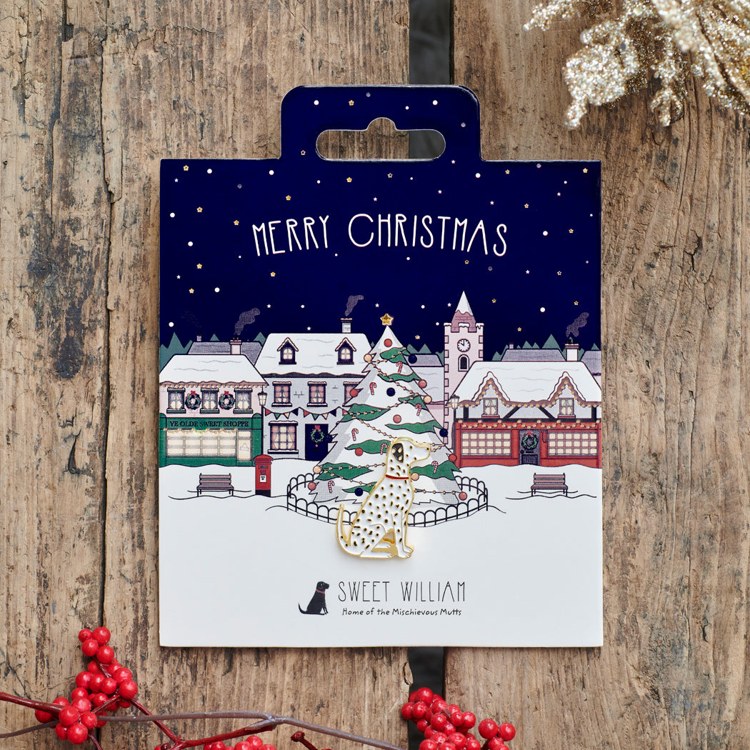 Dalmatian Christmas dog pin on festive village backing card — gold-plated enamel dog lover gift by Sweet William Designs
