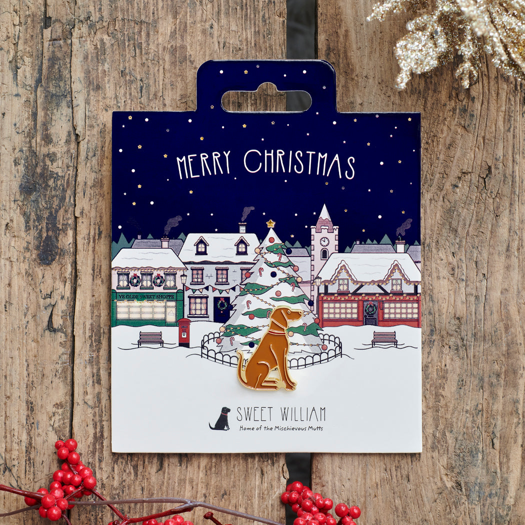 Vizsla Christmas dog pin on festive village backing card — gold-plated enamel dog lover gift by Sweet William Designs