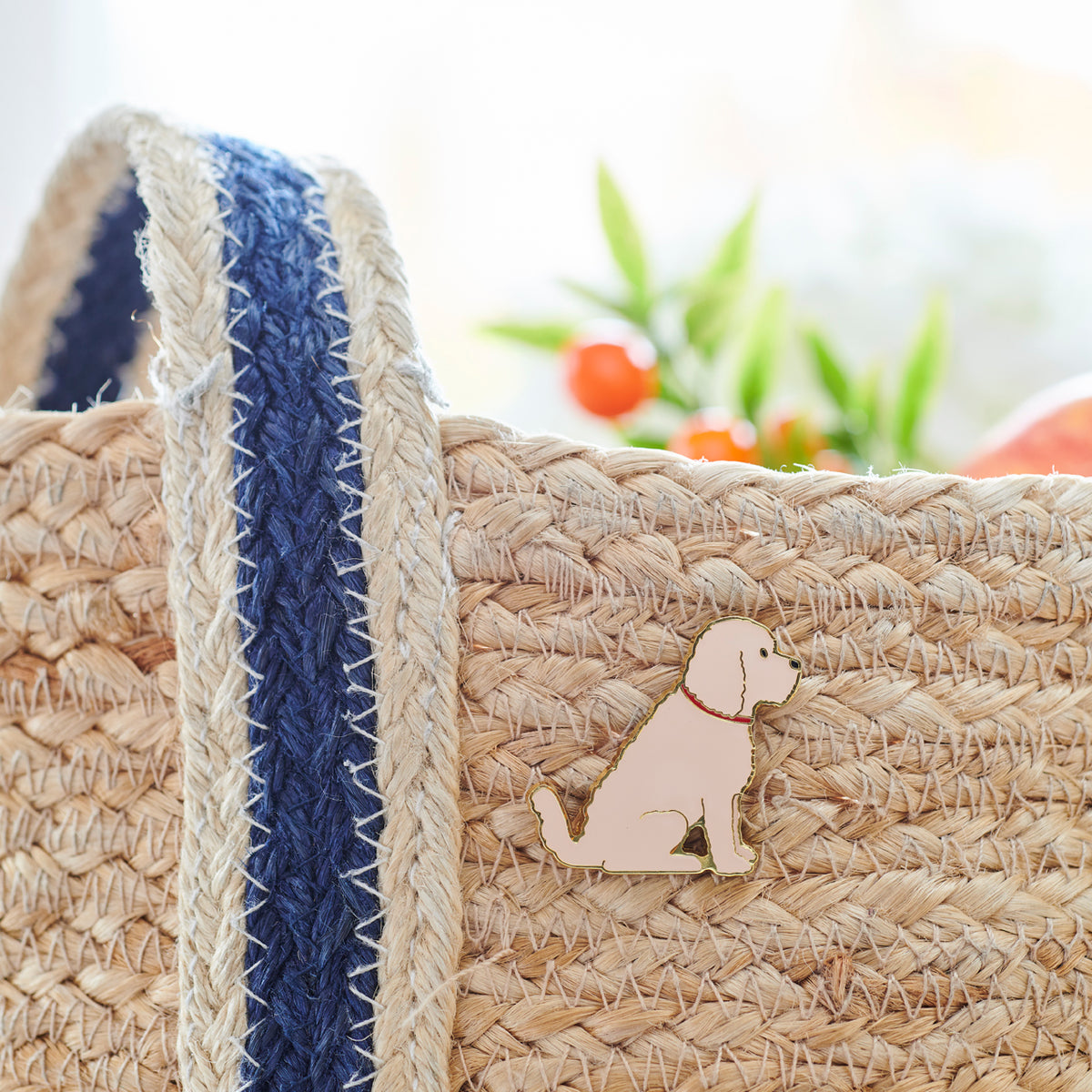 Apricot Cockapoo / Labradoodle enamel pin styled on a jute bag, a thoughtful gift for Cockapoo / Labradoodle lovers by Sweet William Designs