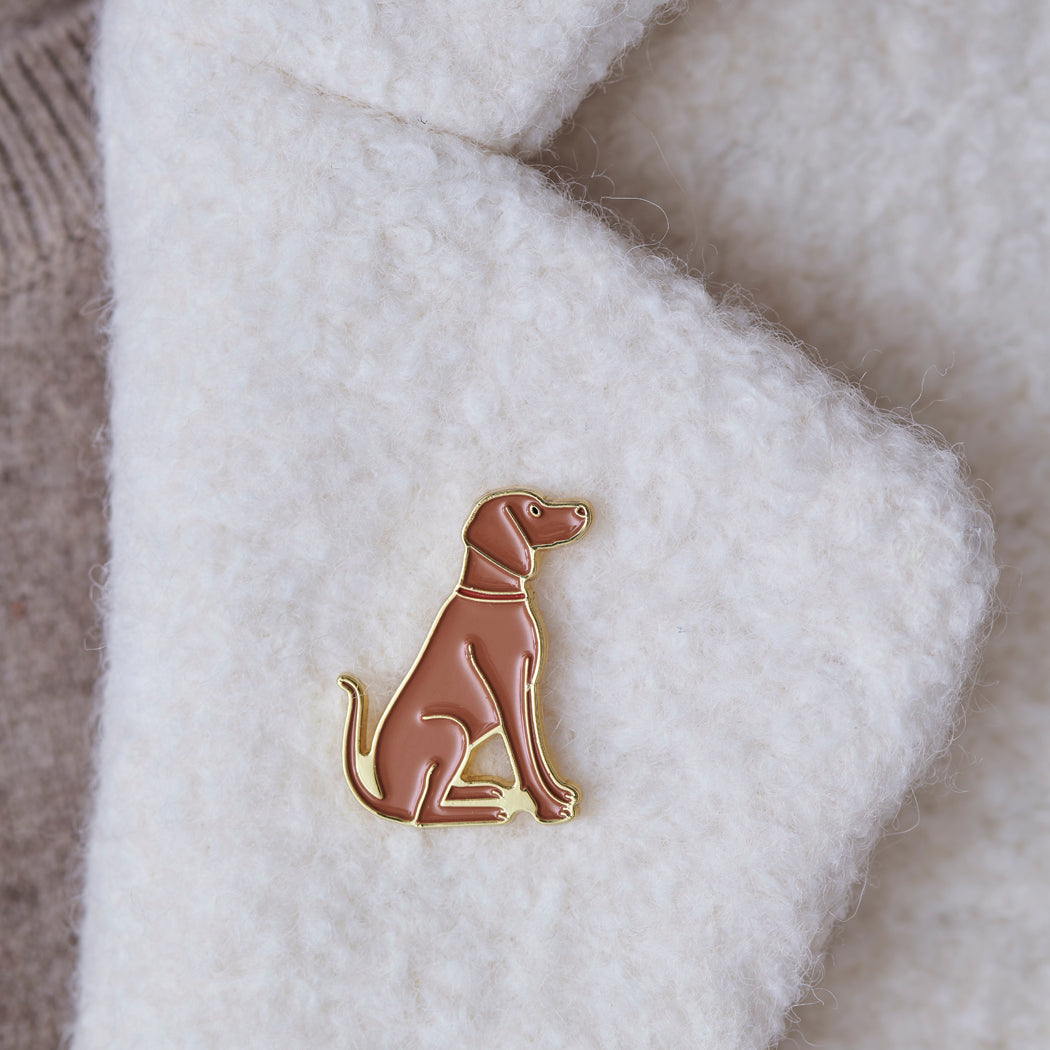 Close-up of Vizsla enamel pin attached to a wool jacket collar — gold-plated dog pin, Christmas gift for Vizsla lovers