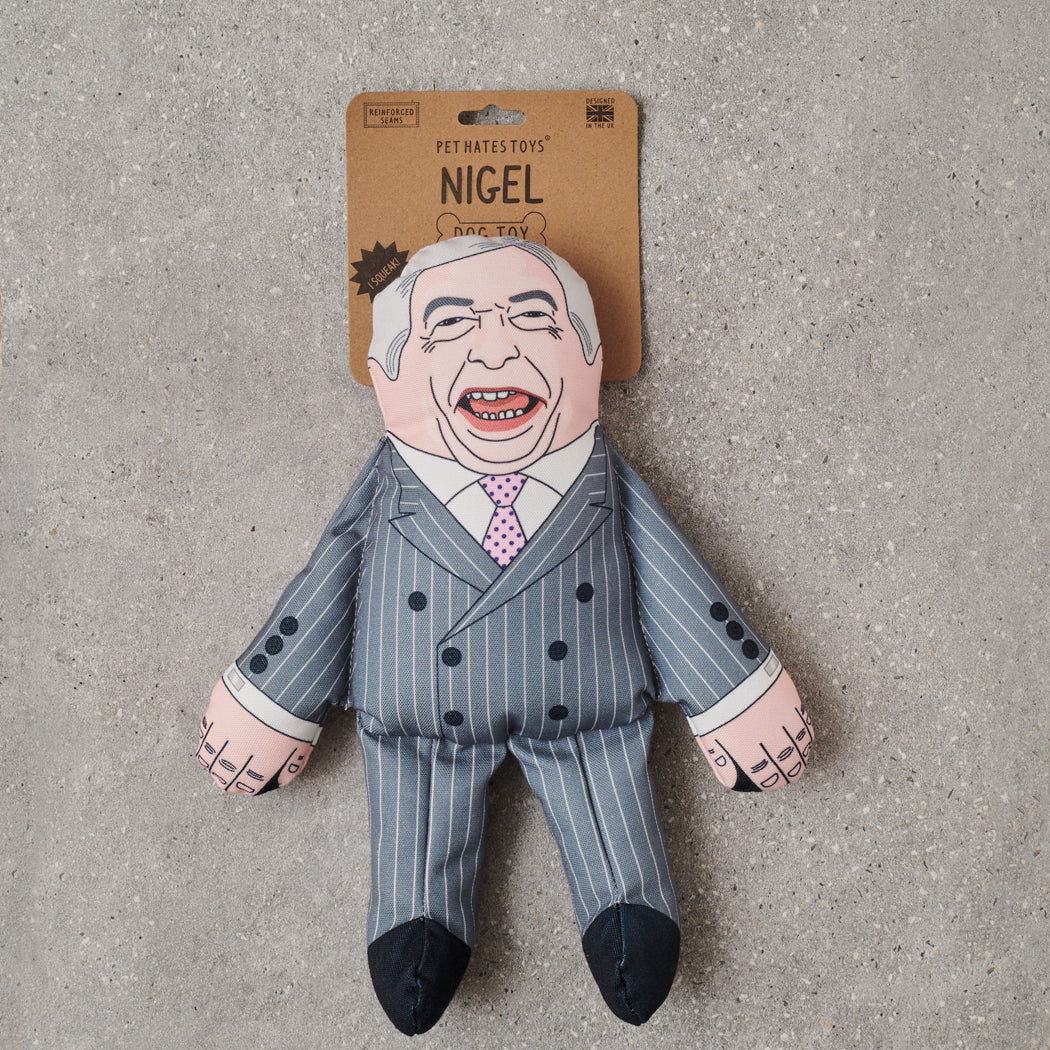 Nigel Farage parody dog toy in pinstripe double-breasted suit with pink tie — funny squeaky dog toy, political satire gift for dog lovers