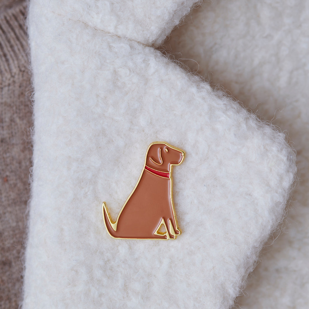 Fox Red Labrador enamel pin worn on a wool jacket collar — gold-plated dog pin, perfect gift for dog lovers