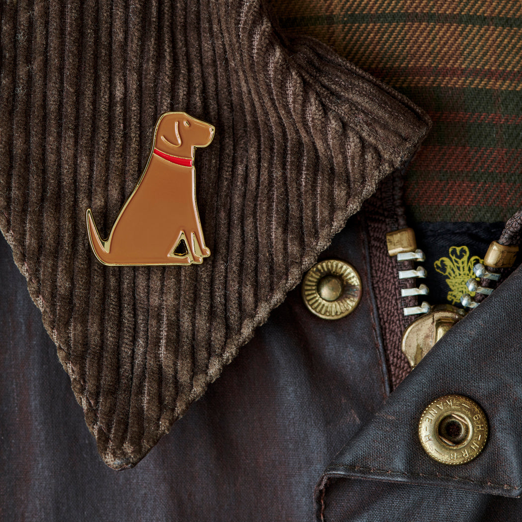 Fox Red Labrador enamel pin styled on a corduroy jacket collar — gold-plated dog pin, perfect gift for dog lovers