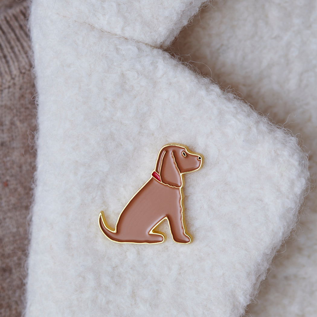 Golden Cocker Spaniel enamel pin worn on a wool jacket collar — gold-plated dog pin, perfect gift for dog lovers