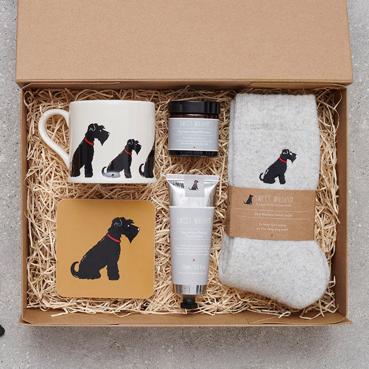 Black Schnauzer Father's Day gift hamper featuring card, mug, coaster and keyring — thoughtful dog lover gift set by Sweet William Designs