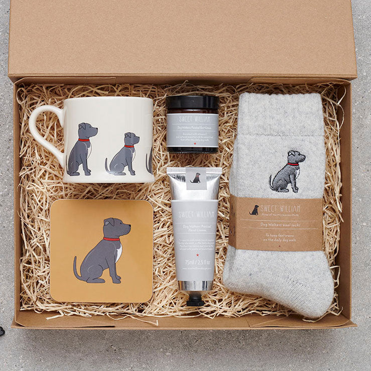 Staffie Father's Day gift hamper featuring card, mug, coaster and keyring — thoughtful dog lover gift set by Sweet William Designs