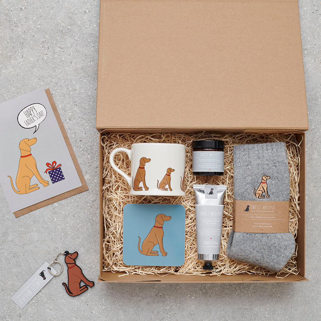 Vizsla Father's Day gift hamper featuring card, mug, coaster, socks and keyring — thoughtful dog lover gift set by Sweet William Designs