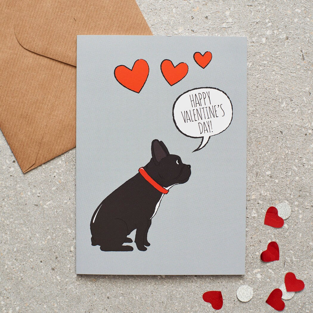 French Bulldog Valentine's Day card — illustrated dog lover greeting card by Sweet William Designs