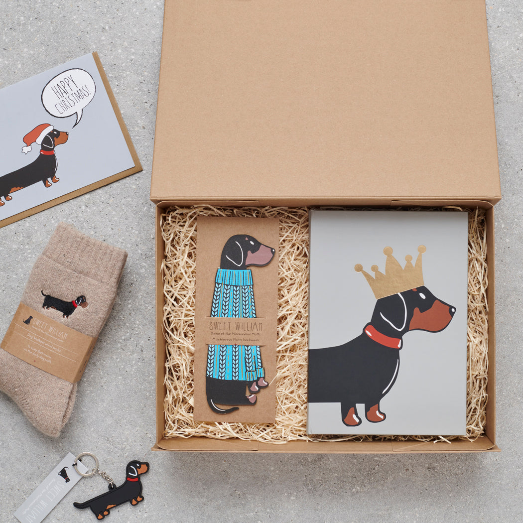 Dachshund gift hamper featuring bookmark, socks, notebook and keyring — thoughtful dog lover gift set by Sweet William Designs