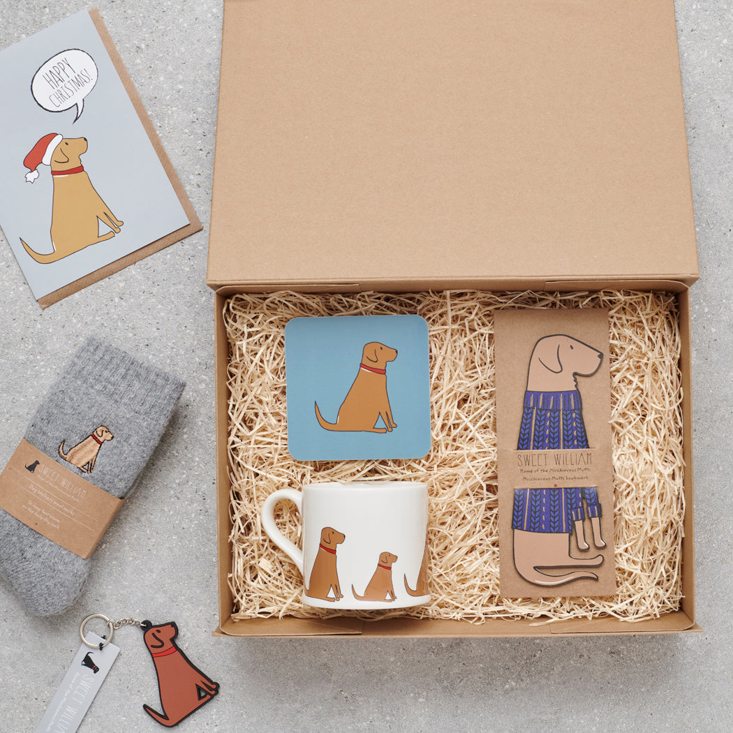 Fox Red Labrador gift hamper featuring bookmark, mug, coaster, socks and keyring — thoughtful dog lover gift set by Sweet William Designs
