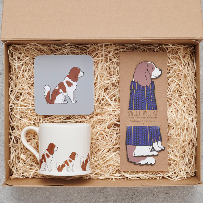 Cavalier King Charles Spaniel gift hamper featuring bookmark, mug and coaster — thoughtful dog lover gift set by Sweet William Designs