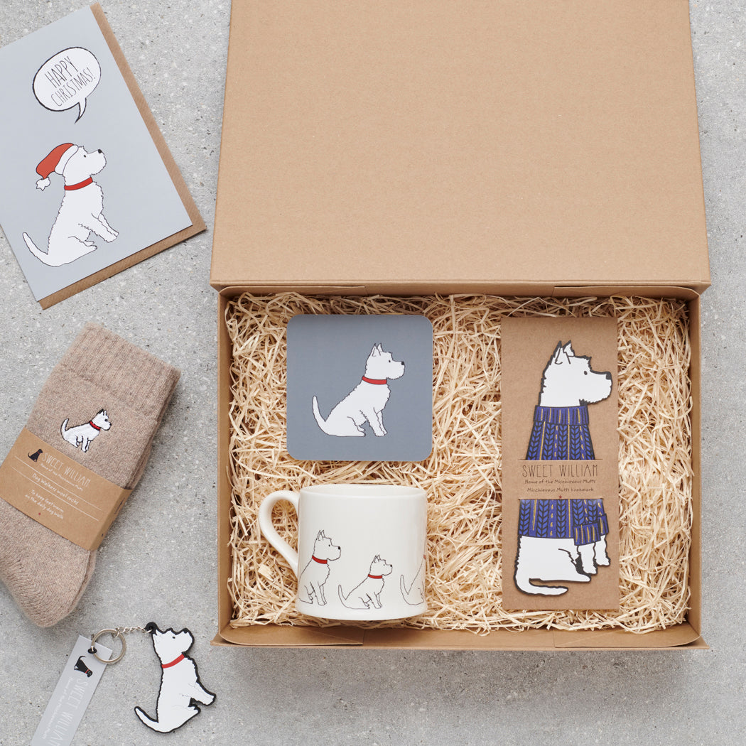 Westie gift hamper featuring bookmark, mug, coaster, socks and keyring — thoughtful dog lover gift set by Sweet William Designs