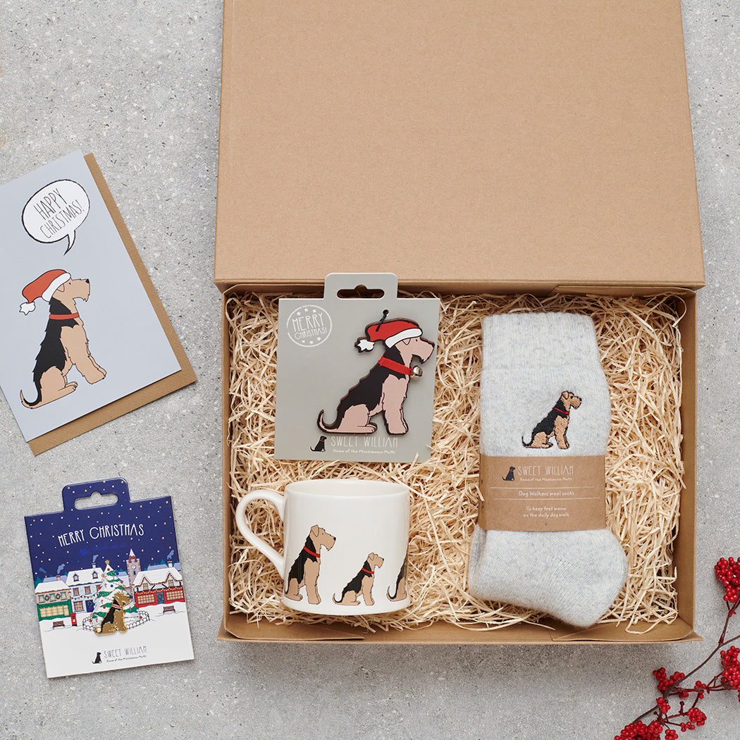 Airedale / Lakeland / Welsh Terrier Christmas gift hamper featuring decoration, mug, socks and greeting cards — thoughtful dog lover gift set by Sweet William Designs