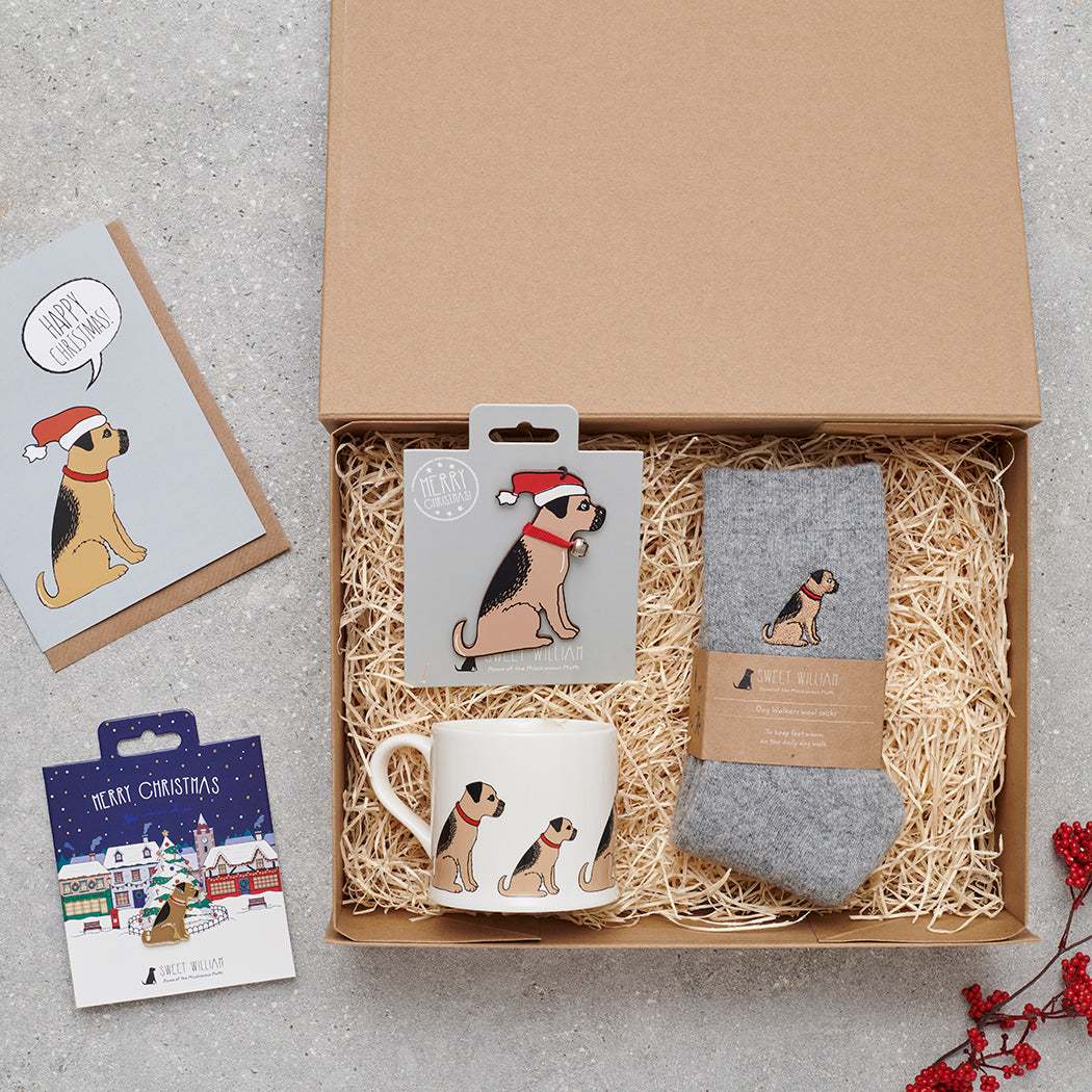 Border Terrier Christmas gift hamper with a matching Border Terrier Christmas pin, socks, mug, Christmas decoration and greeting card by Sweet William Designs