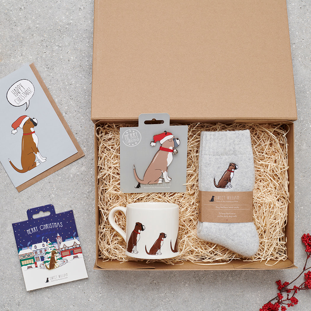 Boxer Christmas gift hamper featuring decoration, mug, socks and greeting cards — thoughtful dog lover gift set by Sweet William Designs