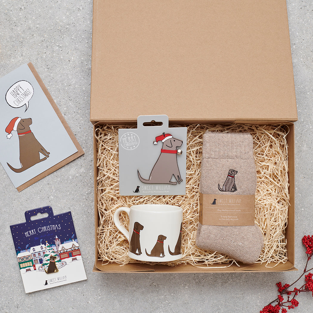 Chocolate Labrador Christmas gift hamper with a matching Chocolate Lab Christmas pin, socks, mug, Christmas decoration and greeting card by Sweet William Designs