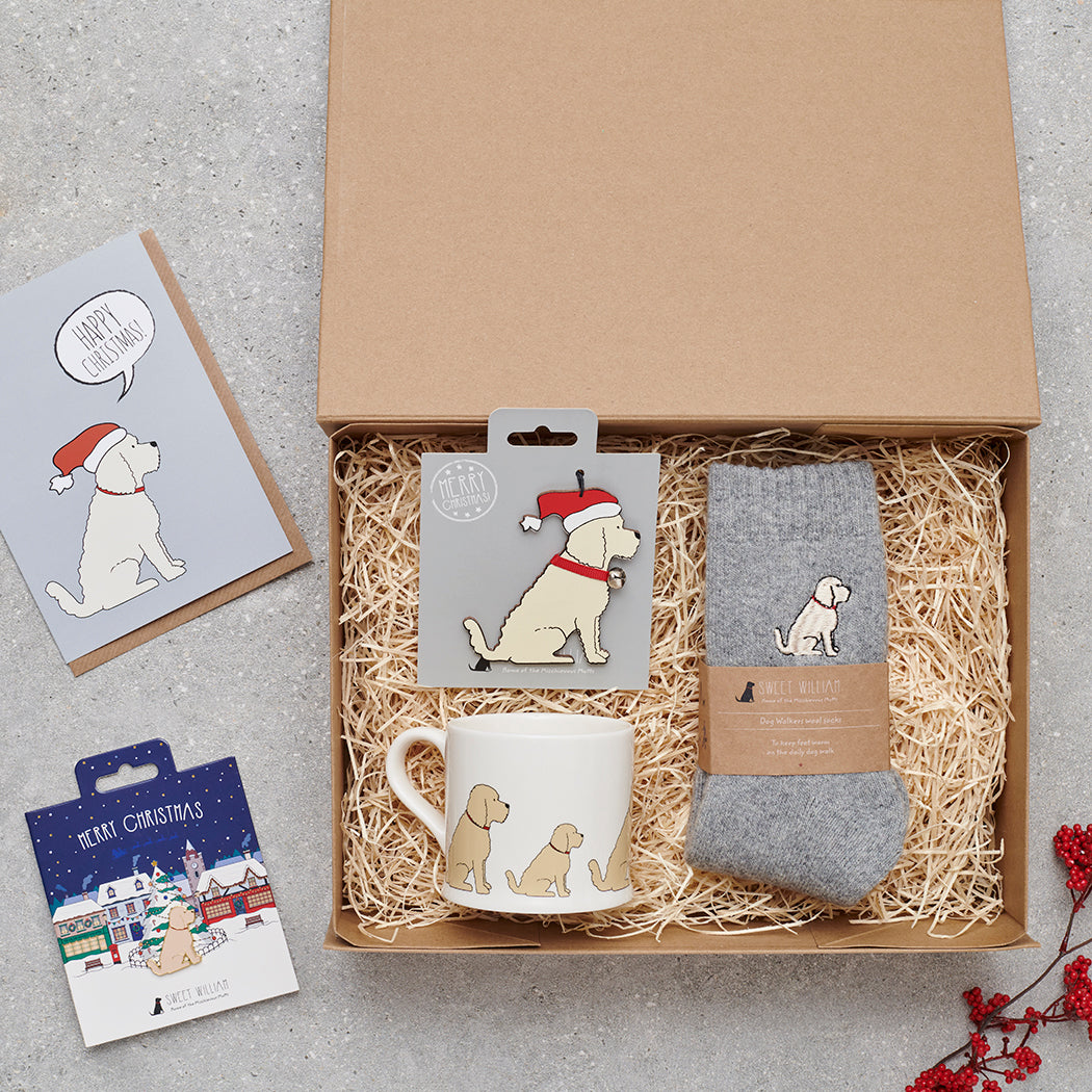 Apricot Cockapoo / Labradoodle Christmas gift hamper featuring decoration, mug, socks and greeting cards — thoughtful dog lover gift set by Sweet William Designs