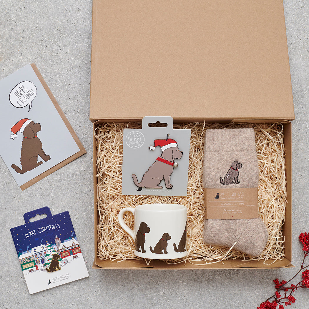 Chocolate Cockapoo / Labradoodle Christmas gift hamper with a matching Cockapoo / Labradoodle Christmas pin, socks, mug, Christmas decoration and greeting card by Sweet William Designs