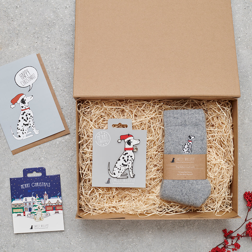 Dalmatian Christmas gift hamper with a matching Dalmatian Christmas pin, socks, Christmas decoration and greeting card by Sweet William Designs