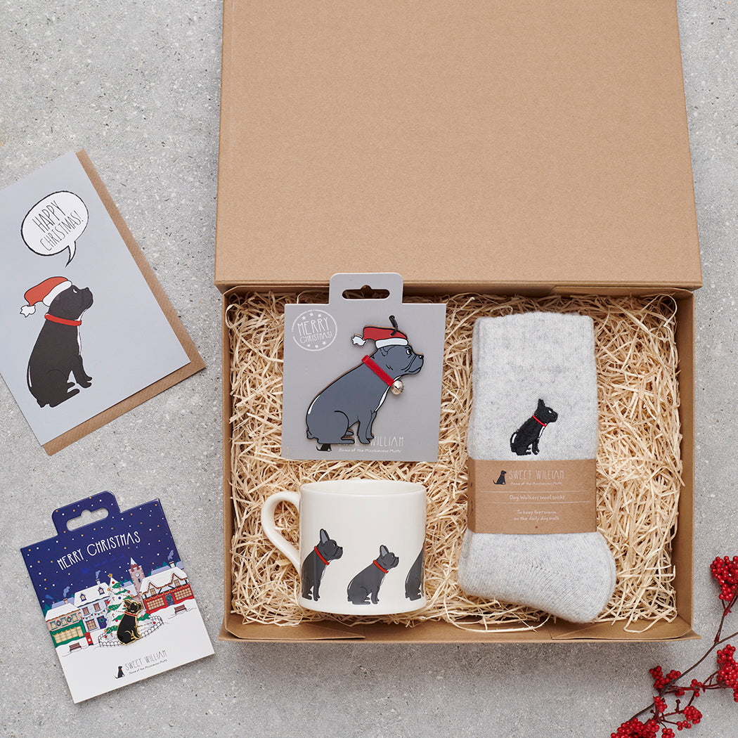 French Bulldog Christmas gift hamper featuring decoration, mug, socks and greeting cards — thoughtful dog lover gift set by Sweet William Designs