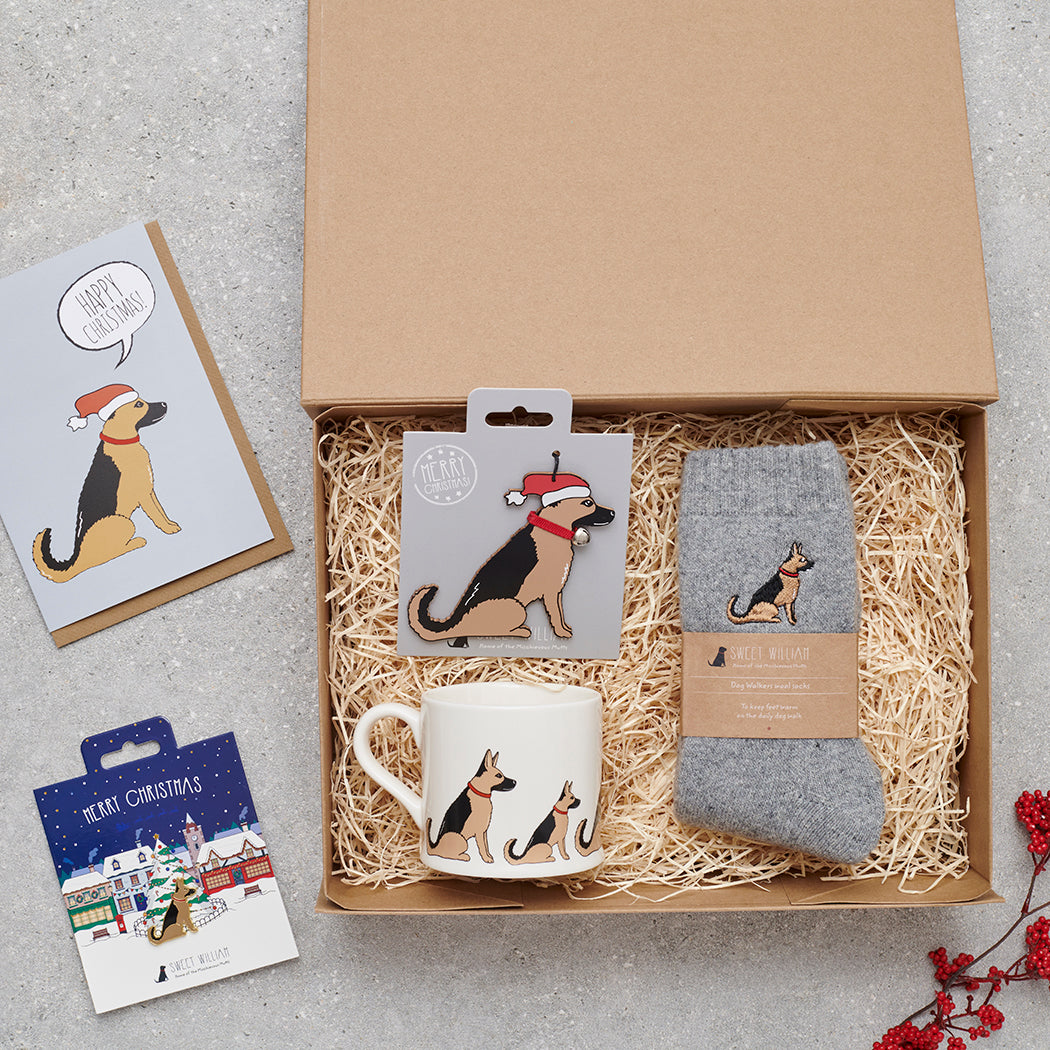 German Shepherd Christmas gift hamper featuring decoration, mug, socks and greeting cards — thoughtful dog lover gift set by Sweet William Designs