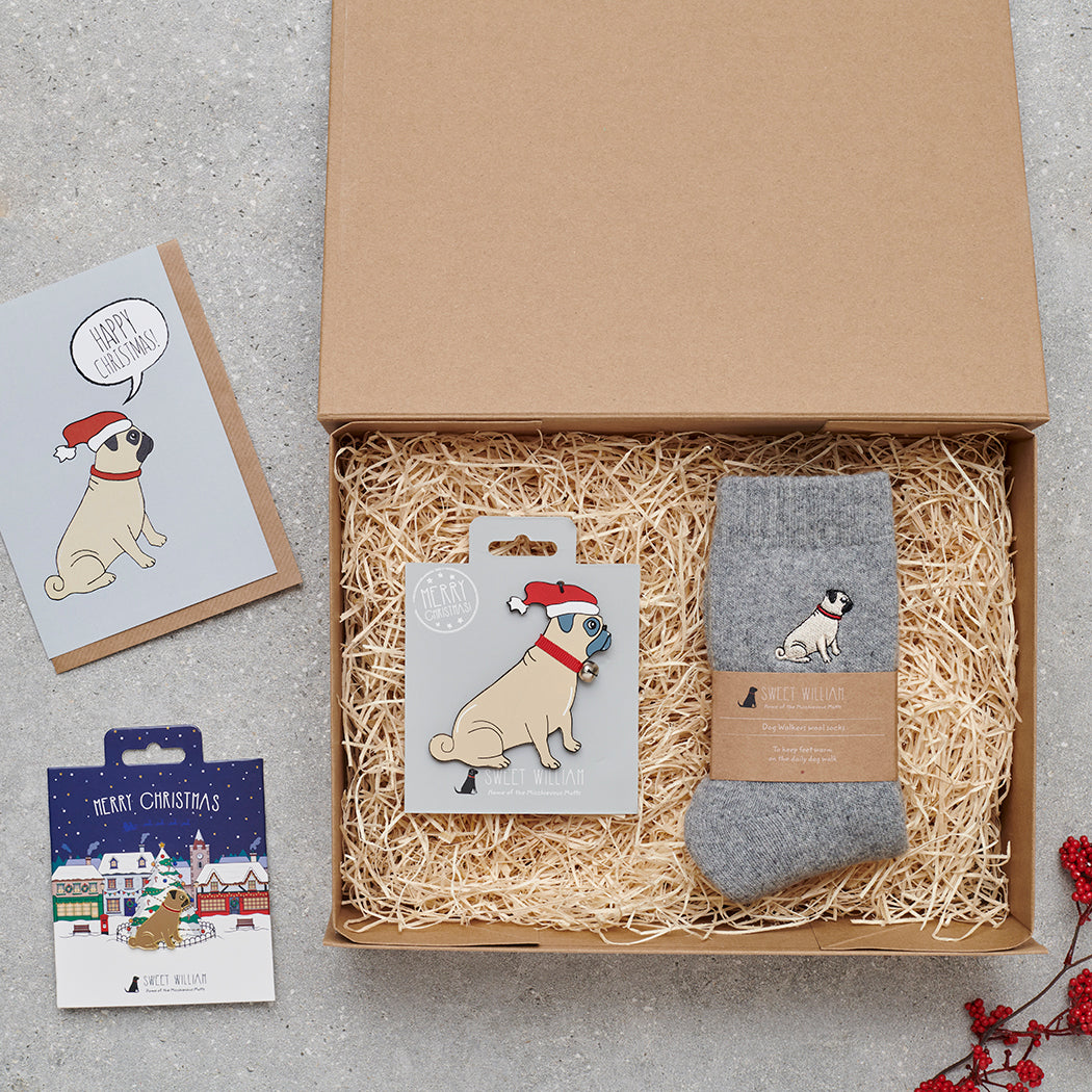 Christmas hamper featuring Pug socks — thoughtful dog lover gift set by Sweet William Designs