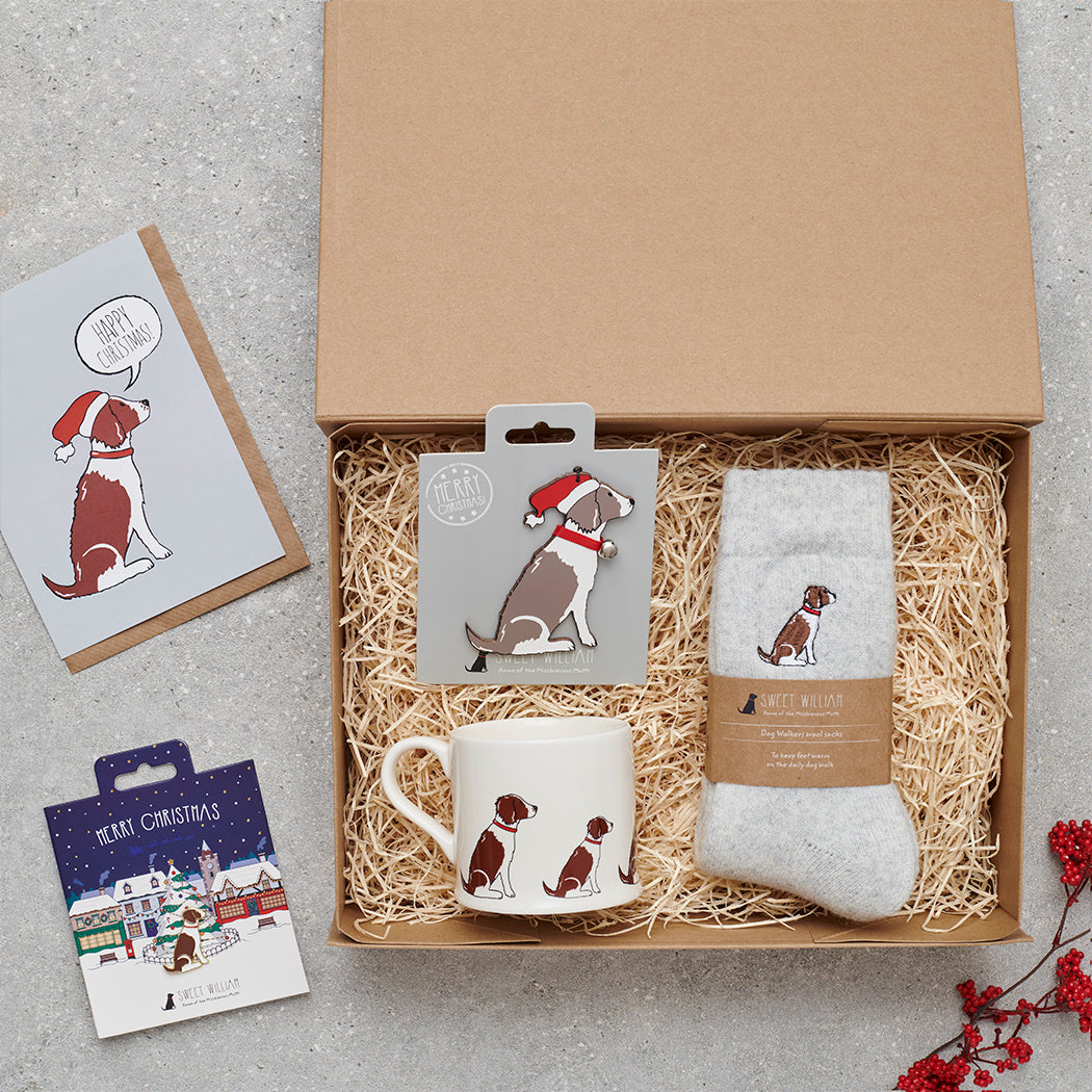 Liver & White Springer Spaniel Christmas gift hamper featuring decoration, mug, socks and greeting cards — thoughtful dog lover gift set by Sweet William Designs