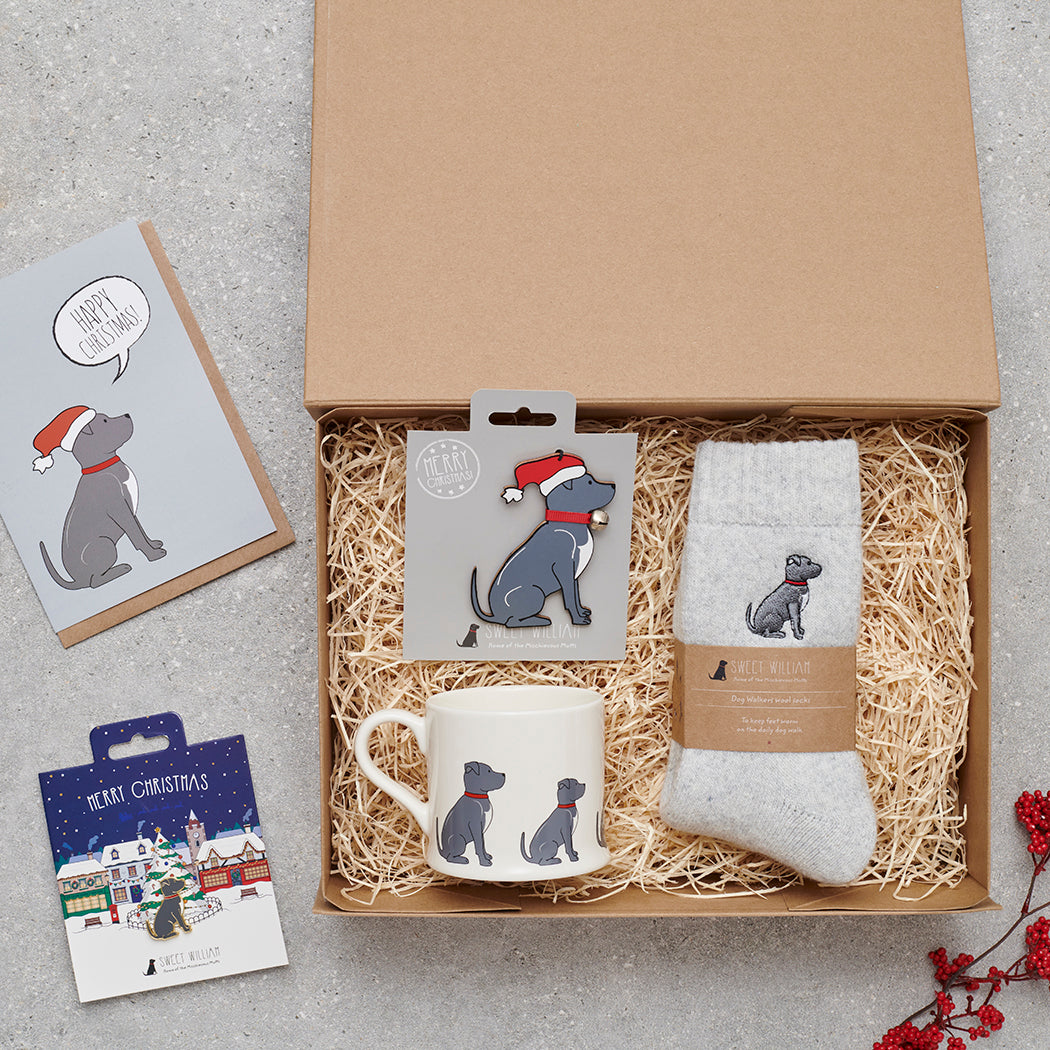 Staffie Christmas gift hamper with a matching Staffie Christmas pin, socks, mug, Christmas decoration and greeting card by Sweet William Designs