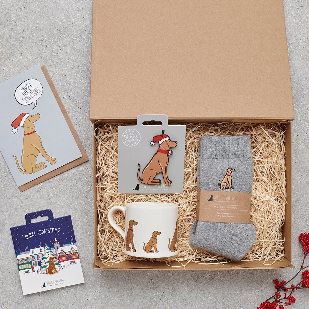 Vizsla Christmas gift hamper with a matching Vizsla Christmas pin, socks, mug, Christmas decoration and greeting card by Sweet William Designs