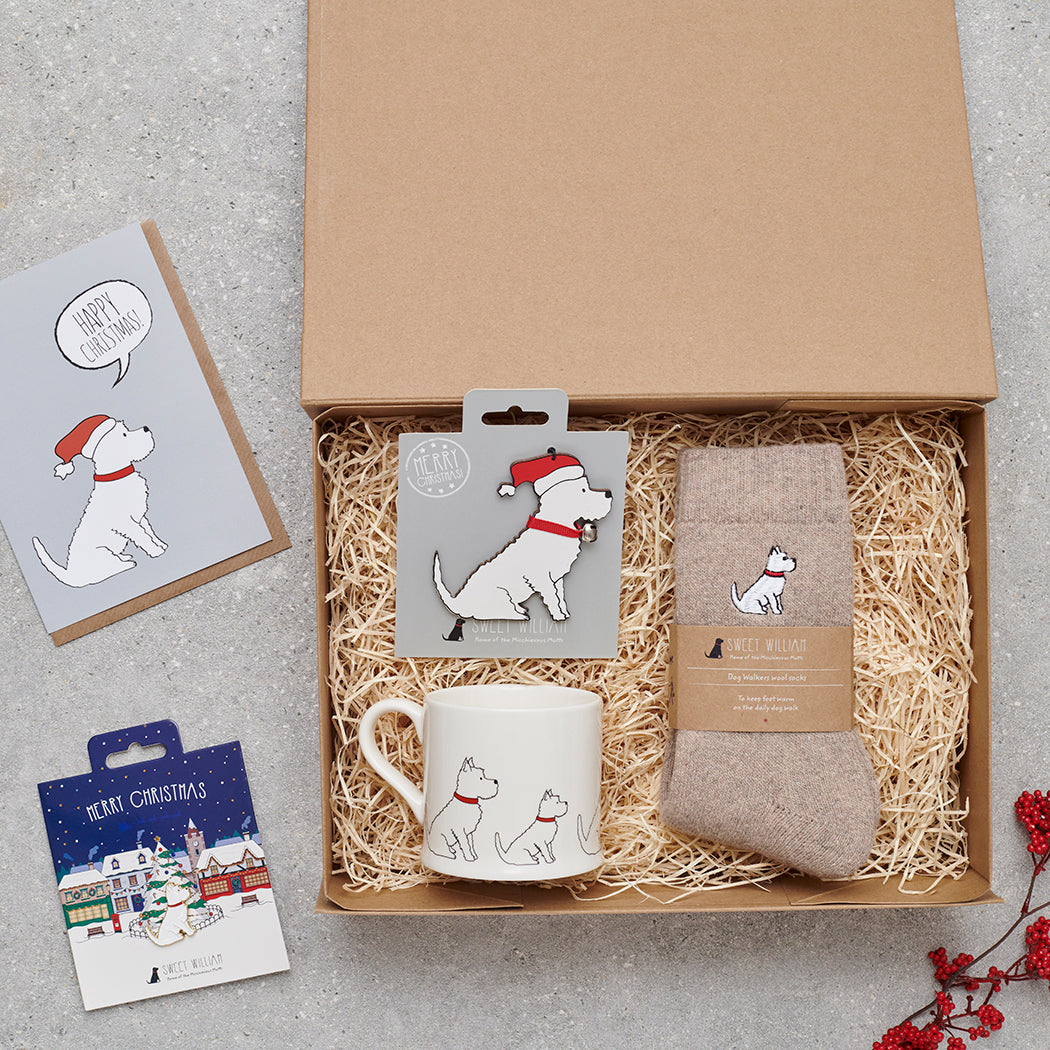 Westie Christmas gift hamper with a matching Westie Christmas pin, socks, mug, Christmas decoration and greeting card by Sweet William Designs