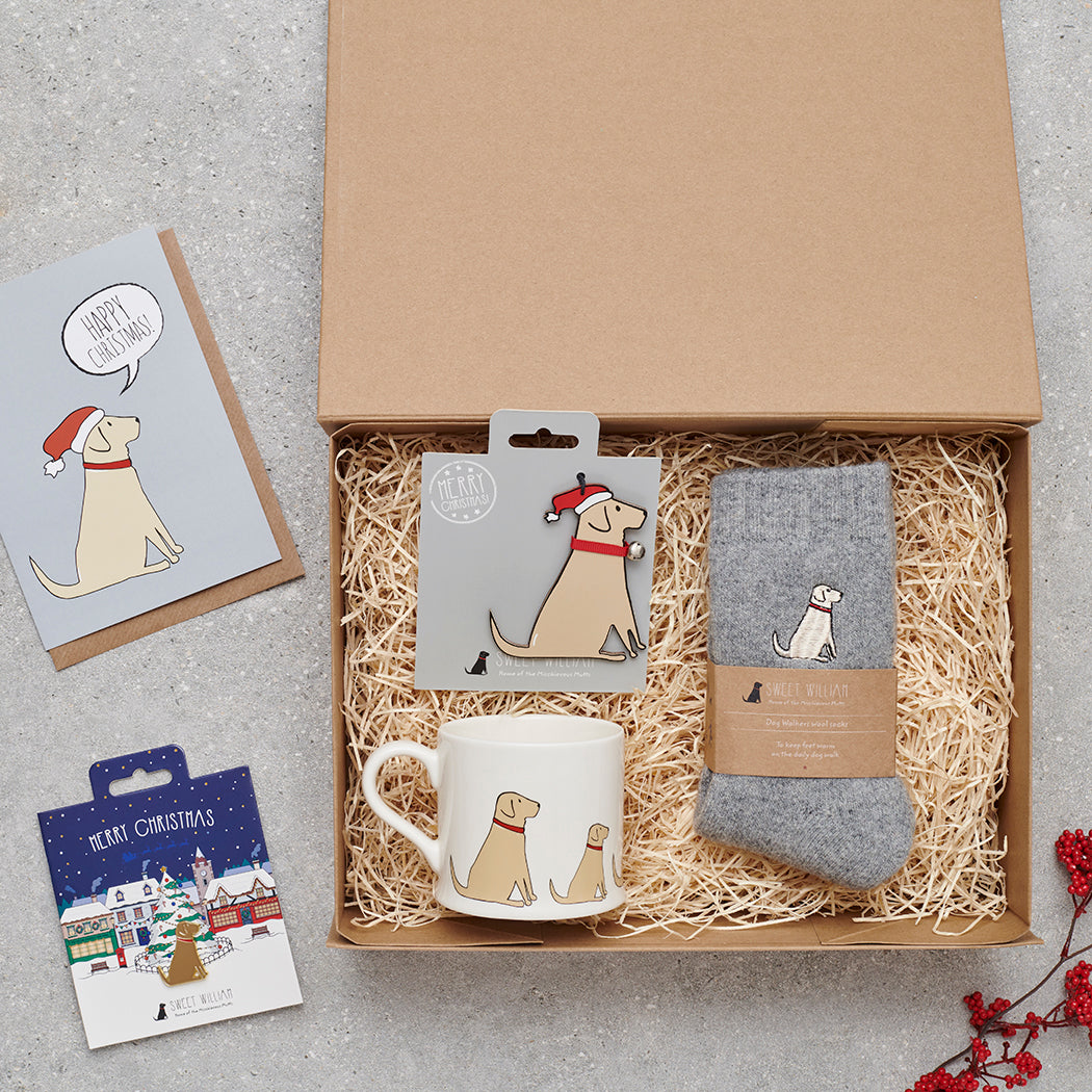 Yellow Labrador Christmas gift hamper featuring decoration, mug, socks and greeting cards — thoughtful dog lover gift set by Sweet William Designs