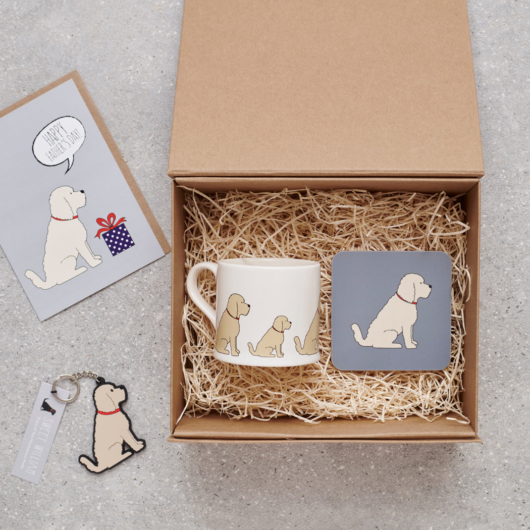 Cockapoo / Labradoodle (Apricot) Father's Day gift hamper — card, mug, coaster and keyring in gift box, dog lover gift by Sweet William Designs