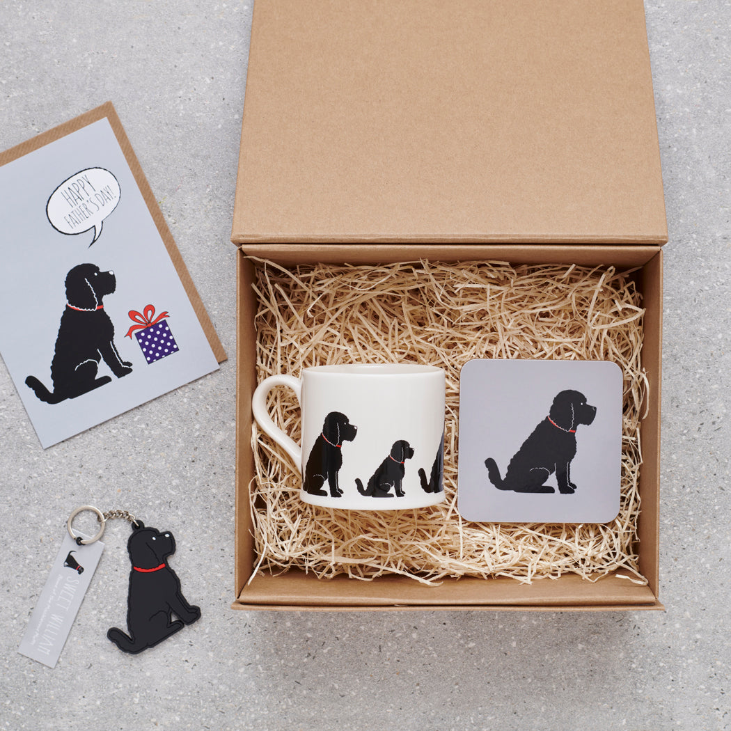 Cockapoo / Labradoodle (Black) Father's Day gift hamper — card, mug, coaster and keyring in gift box, dog lover gift by Sweet William Designs