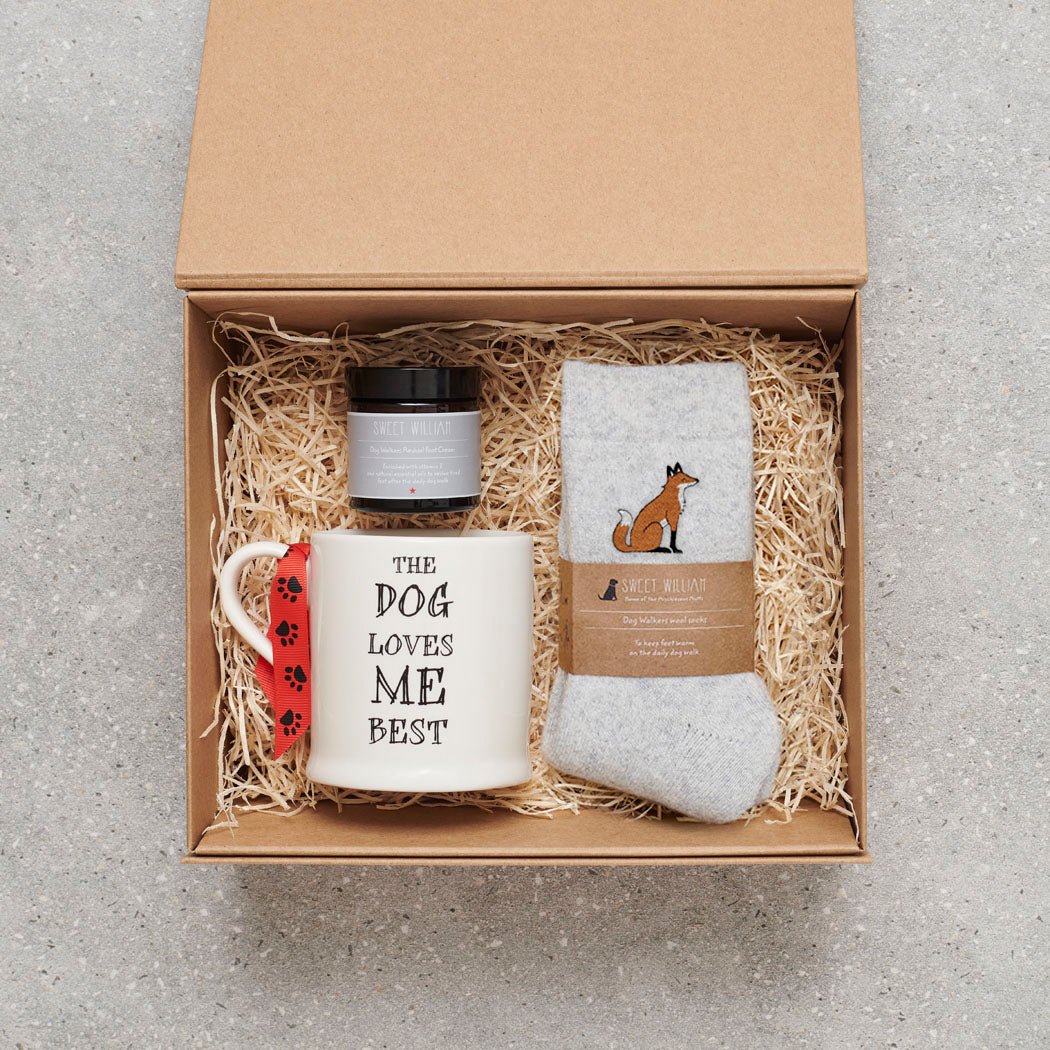 Fox lover gift hamper with fox wool socks, 'The Dog Loves Me Best' mug and Dog Walker Revival foot cream – a thoughtful fox lover gift by Sweet William Designs