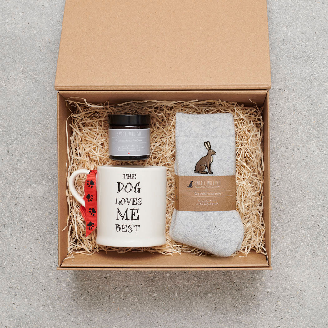 Hare lover gift hamper with hare wool socks, 'The Dog Loves Me Best' mug and Dog Walker Revival foot cream – a thoughtful hare lover gift by Sweet William Designs