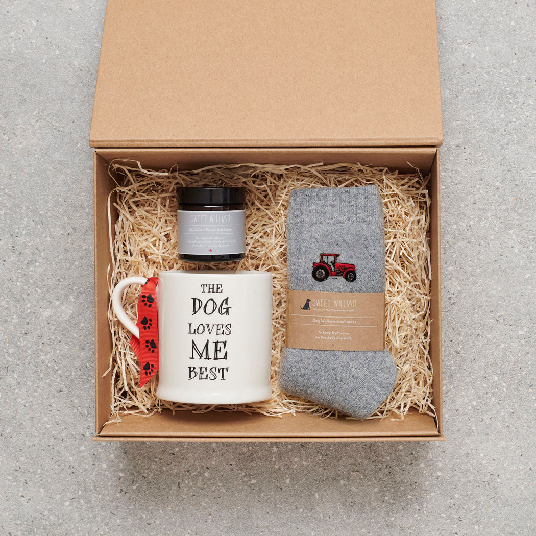 Tractor lover gift hamper with red tractor wool socks, 'The Dog Loves Me Best' mug and Dog Walker Revival foot cream – a thoughtful countryside gift by Sweet William Designs